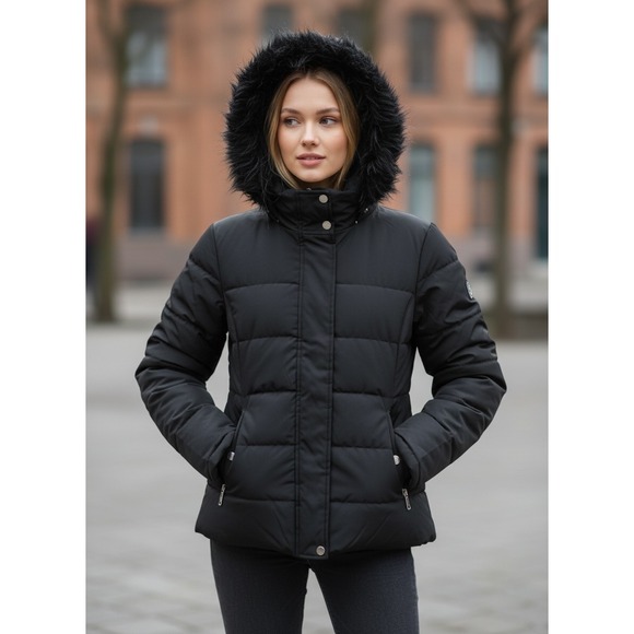 Jackets & Blazers - Black Faux Fur Trim Hooded Puffer Jacket Quilted Winter Coat Zip Up Women Small
